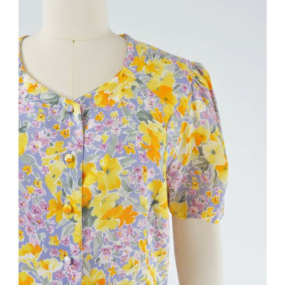 Vintage 90s Floral Button Front Puff Sleeve Drop Waist Maxi Dress with Pockets - Picture 4 of 9